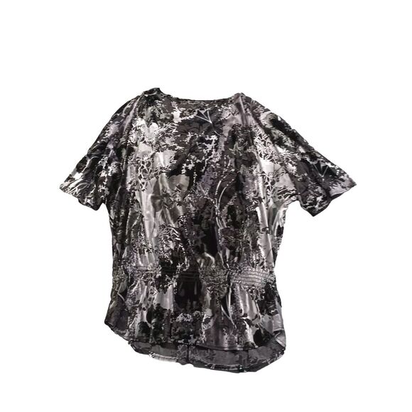 Dressbarn Velour Top Womens 22/24 Black Gray Silver Peplum Short Sleeve Shimmer - Picture 7 of 7